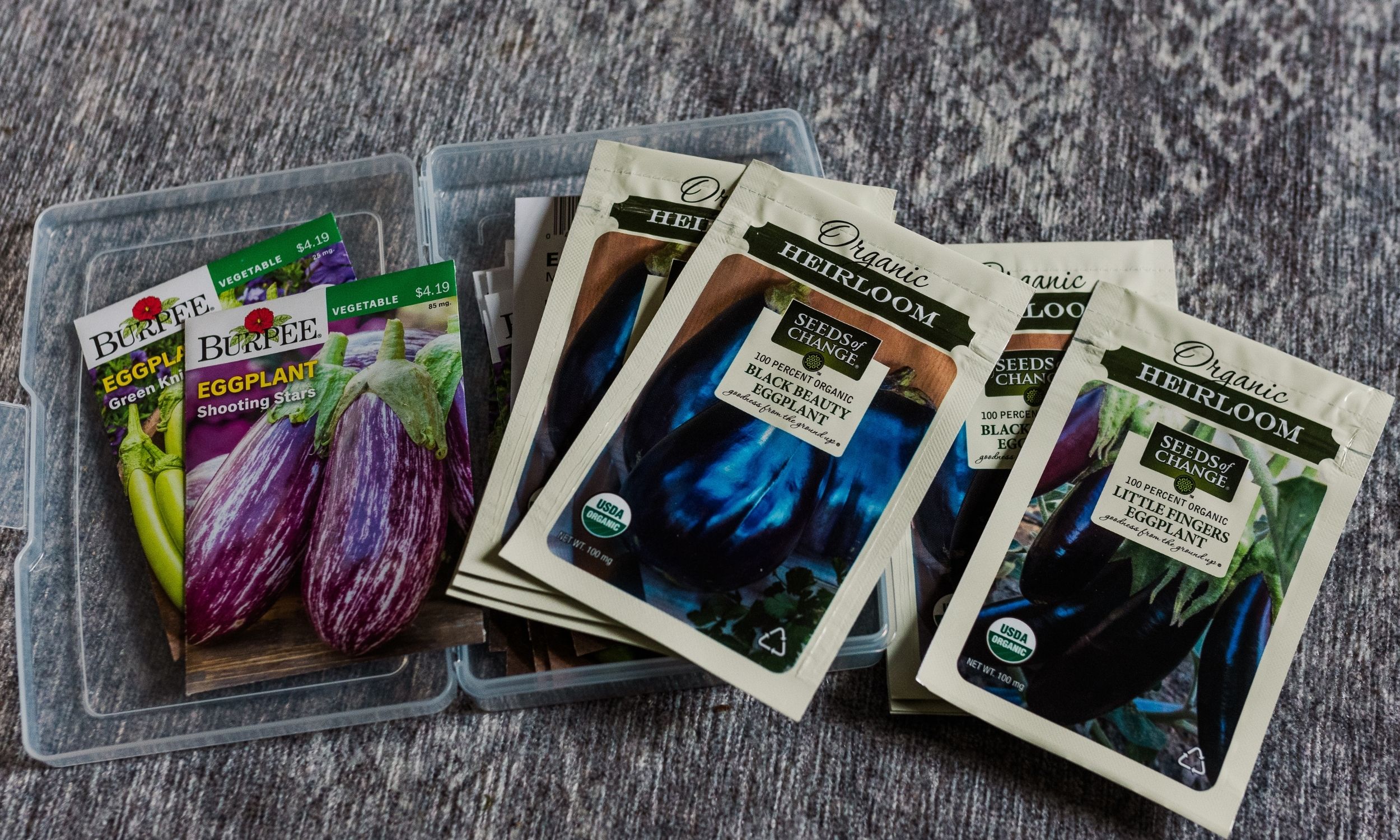 egg plant seed packets in a photo storage bin